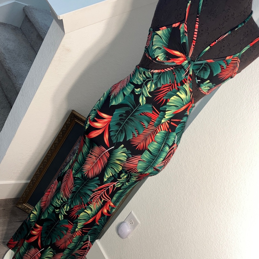 Tropical Leaf Spaghetti Strap Dress - Black with Green & Red Leaf Print